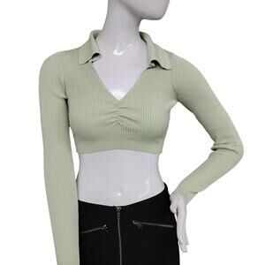 Dreamers by Debut Ribbed Cropped Top Size Small Light Green Long Sleeve